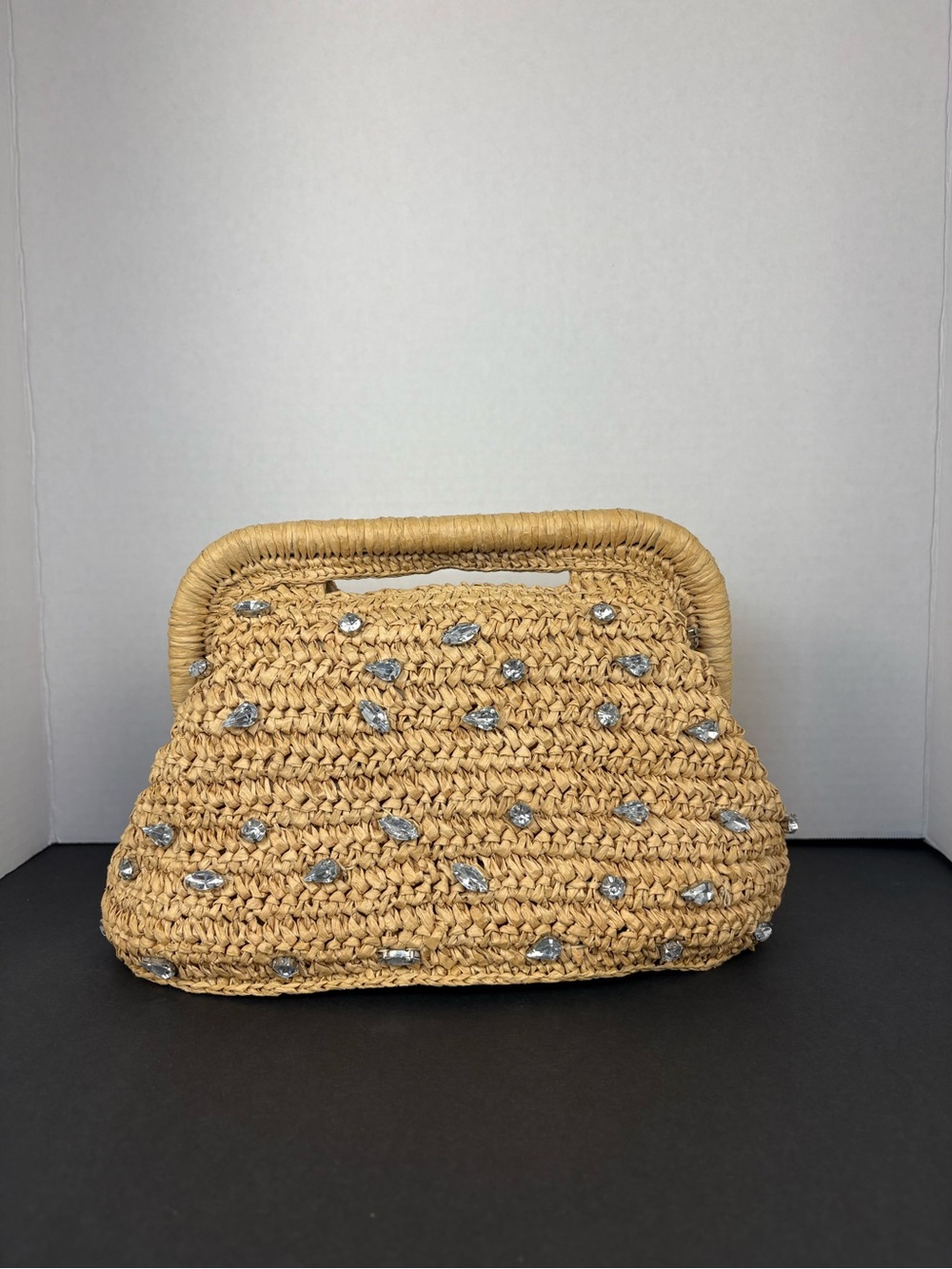 Straw Clutch Bag in Natural with crystal embellishments